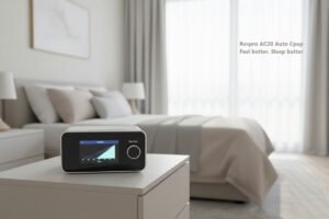 ResPro AC20 Auto CPAP machine placed on a bedside table in a modern bedroom setting. The image promotes comfortable sleep therapy with the text 'ResPro AC20 Auto CPAP — Feel better. Sleep better