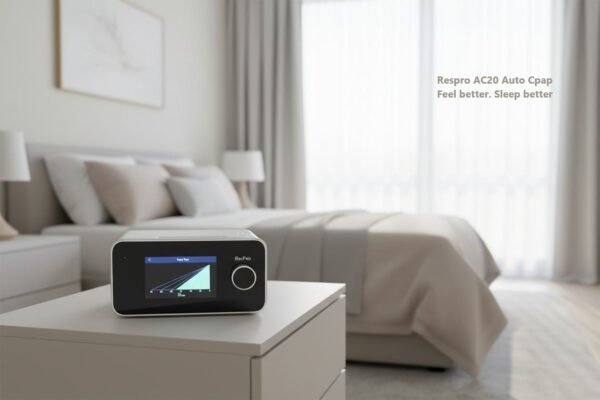 ResPro AC20 Auto CPAP machine placed on a bedside table in a modern bedroom setting. The image promotes comfortable sleep therapy with the text 'ResPro AC20 Auto CPAP — Feel better. Sleep better