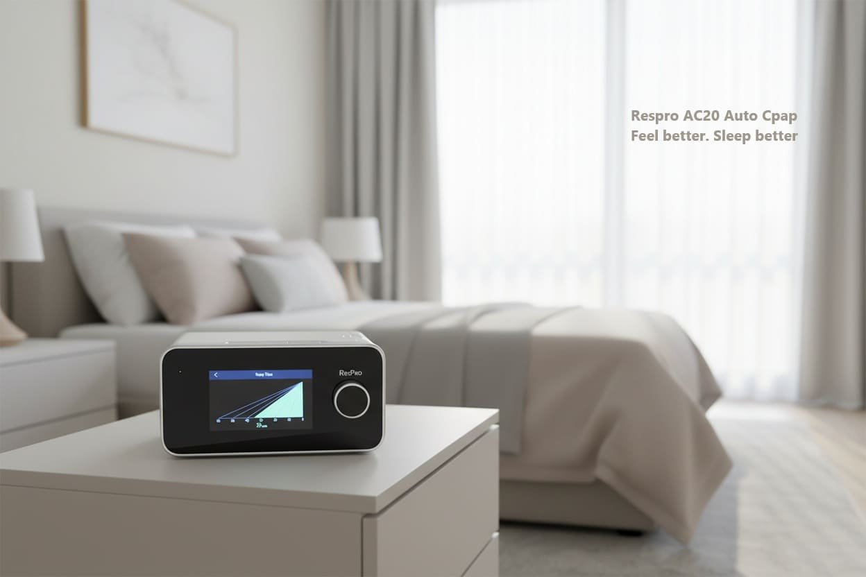 ResPro AC20 Auto CPAP machine placed on a bedside table in a modern bedroom setting. The image promotes comfortable sleep therapy with the text 'ResPro AC20 Auto CPAP — Feel better. Sleep better