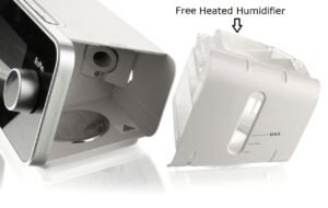 ResPro AC20 Auto CPAP machine shown with its detachable heated humidifier chamber. The image highlights the free heated humidifier feature, showing the water chamber and CPAP unit connection area