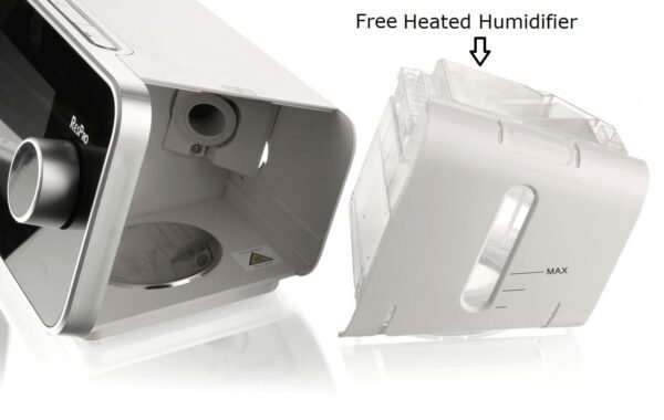 ResPro AC20 Auto CPAP machine shown with its detachable heated humidifier chamber. The image highlights the free heated humidifier feature, showing the water chamber and CPAP unit connection area