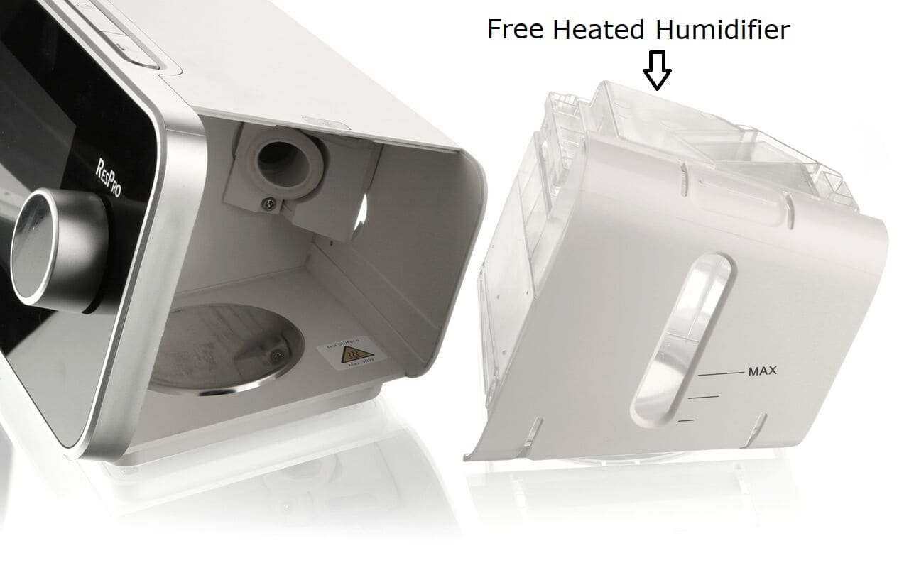 ResPro AC20 Auto CPAP machine shown with its detachable heated humidifier chamber. The image highlights the free heated humidifier feature, showing the water chamber and CPAP unit connection area