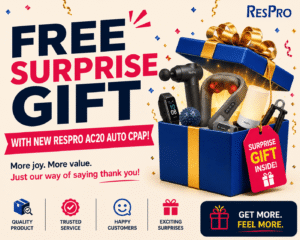 ResPro promotional banner featuring a free surprise gift offer with a new ResPro AC20 Auto CPAP purchase. The image shows a gift box containing surprise items, with festive confetti, ResPro branding, and highlights for quality product, trusted service, happy customers, and exciting surprises.