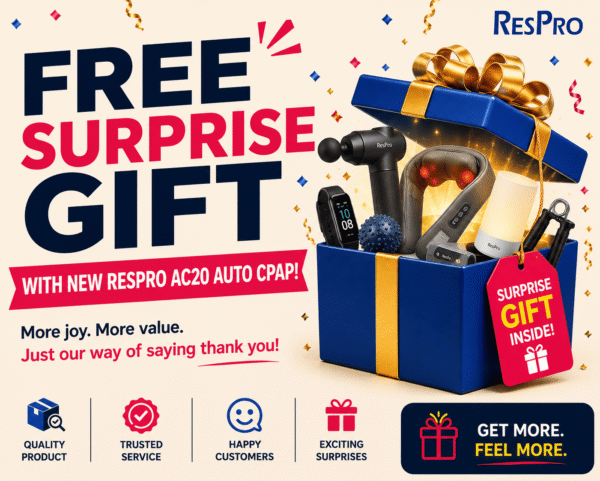 ResPro promotional banner featuring a free surprise gift offer with a new ResPro AC20 Auto CPAP purchase. The image shows a gift box containing surprise items, with festive confetti, ResPro branding, and highlights for quality product, trusted service, happy customers, and exciting surprises.
