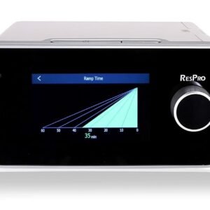 ResPro AC20 Auto CPAP machine displayed on a white background, showing the device front panel with digital display, ramp time settings, and control dial. The image highlights the sleek design of the ResPro sleep therapy device