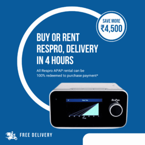 ResPro Auto CPAP AC20 promotional banner featuring the CPAP machine with text highlighting buy or rent options, 4-hour delivery, ₹4,500 savings, rental amount redeemable towards purchase, and free delivery service