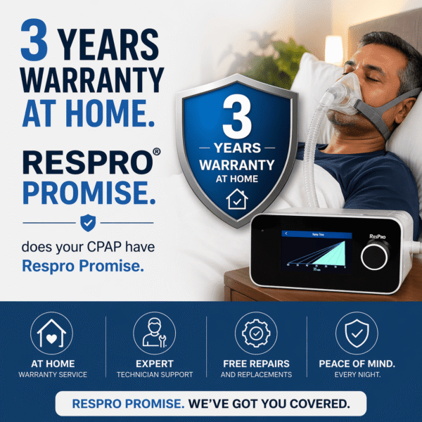 ResPro CPAP machine warranty promotion banner showing a patient using a CPAP device while sleeping. The image highlights '3 Years Warranty at Home' and 'ResPro Promise' with benefits including at-home warranty service, expert technician support, free repairs and replacements, and peace of mind every night.
