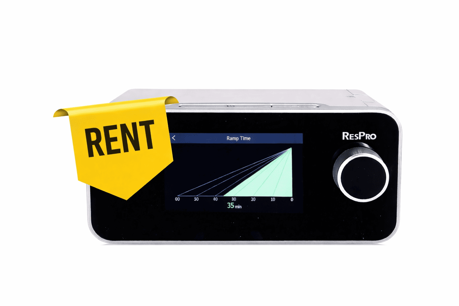 ResPro Auto CPAP machine displayed on a white background with a yellow “RENT” label highlighting rental availability. The device features a digital display showing ramp time settings and the ResPro branding on the front panel.