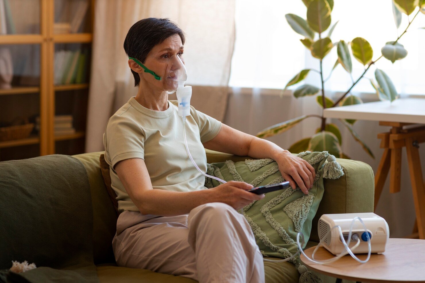 side view woman using nebulizer 23 2150535954